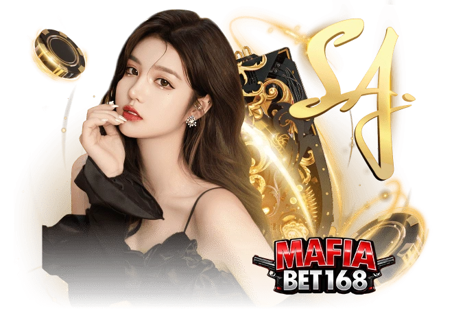 ภาพแบนเนอร์ SA Gaming คาสิโนบนเว็บไซต์ Mafiabet168 ดีลเลอร์สาวลุคหรู โทนสีทอง พร้อมชิปและไพ่ เหมาะสำหรับหน้าเว็บคาสิโนและบทความ SEO mafiabet168