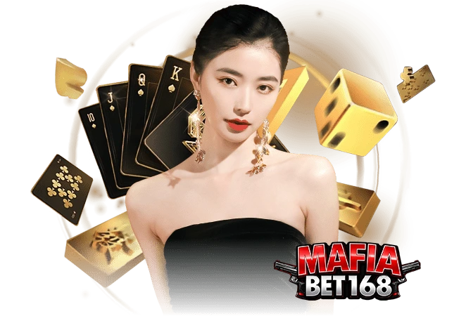 ภาพแบนเนอร์คาสิโน Mafiabet168 ดีลเลอร์สาวลุคหรู พร้อมไพ่ ลูกเต๋า และชิปสีทอง โทนพรีเมียม เหมาะสำหรับหน้าเว็บคาสิโนและบทความ SEO mafiabet168