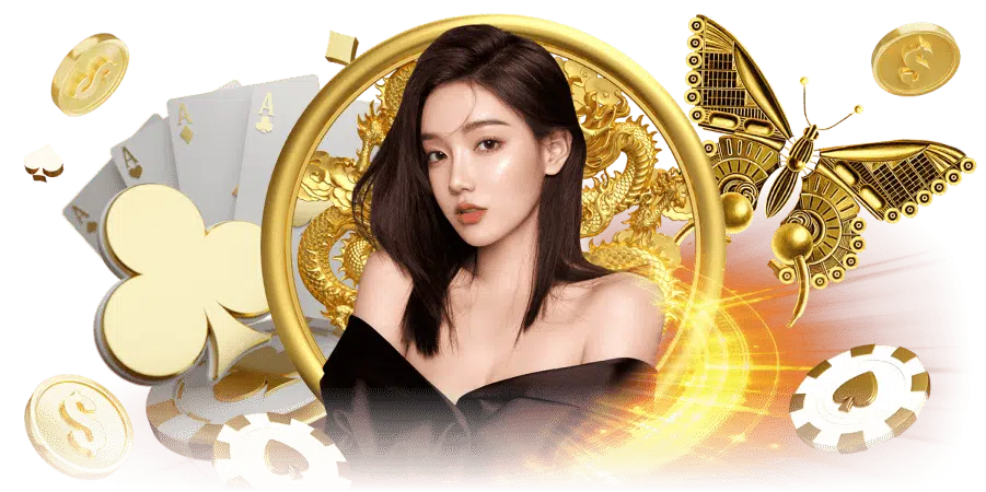 ภาพแบนเนอร์คาสิโน Mafiabet168 ดีลเลอร์สาวลุคหรู ล้อมด้วยองค์ประกอบทอง เช่น ไพ่ ชิป มังกร และสัญลักษณ์ไพ่ โทนพรีเมียม เหมาะสำหรับหน้าเว็บคาสิโนและ SEO mafiabet168